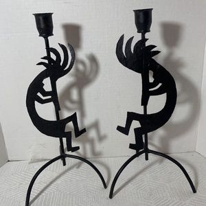 Pair Of Metal Art Kokopelli Southwest Taper Candle Art Decor Rust Patina   15H"x